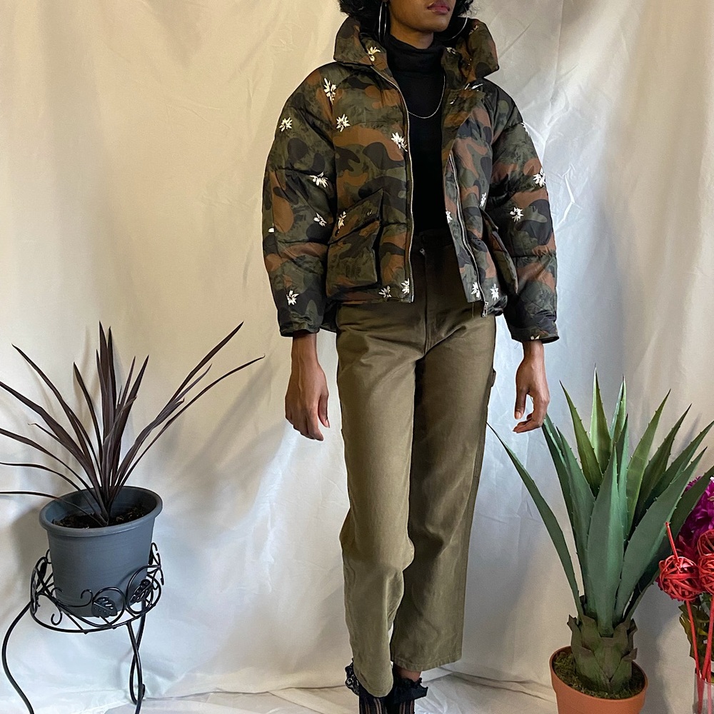 Army and floral print puffer jacket